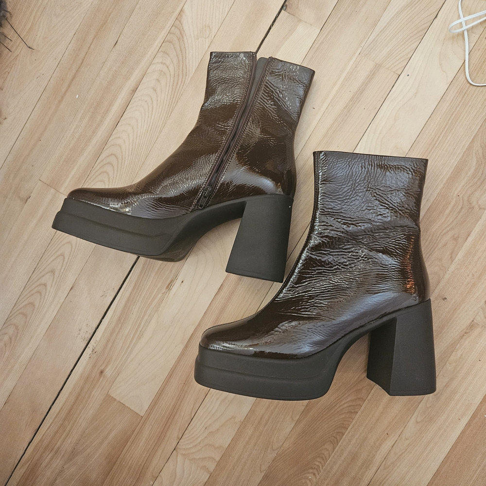 Brown Patent Leather Platform Ankle Boots